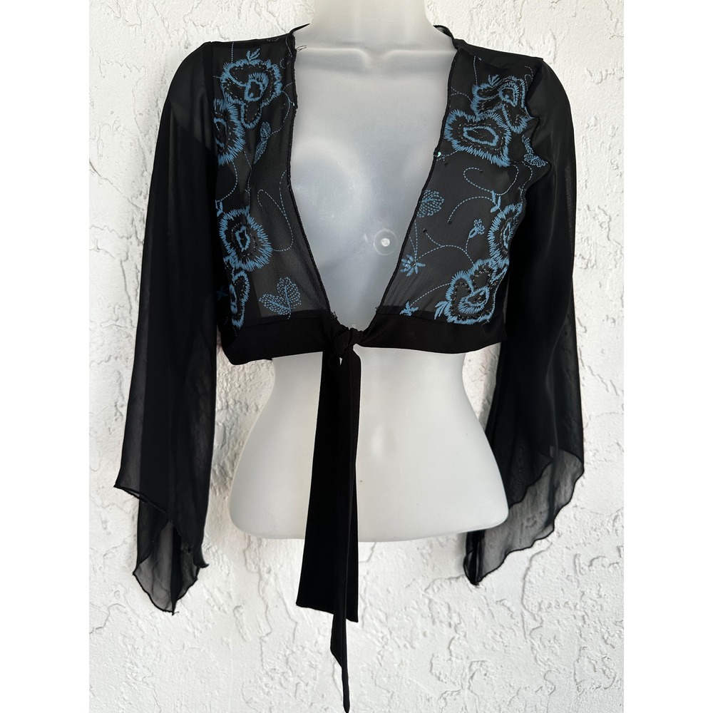 Vtg Y2K Black Sheer Embroidered Floral Tie Front Bolero Shrug Medium